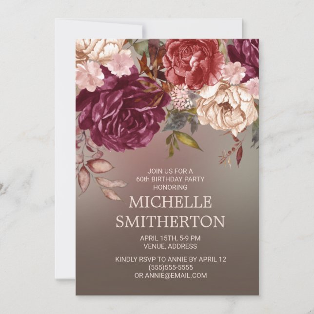 Elegant Brown Burgundy Ivory Floral 60th Birthday Invitation (Front)
