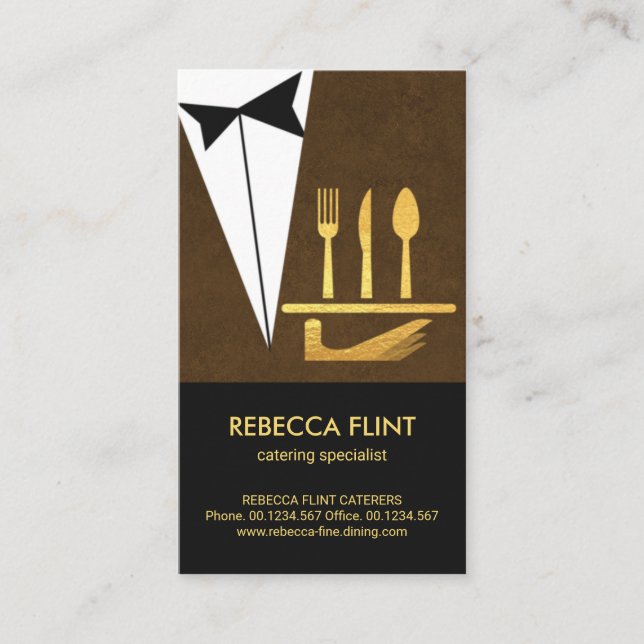 Elegant Brown Butler Tuxedo Serving Plate Cutlery Business Card (Front)
