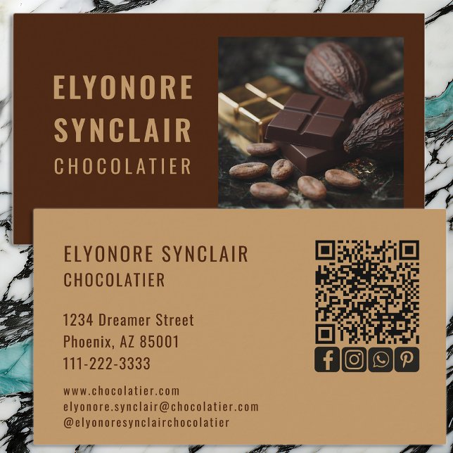 Elegant Brown Caramel Chocolatier Photo Social QR  Business Card (Creator Uploaded)