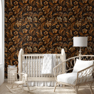 Elegant Brown Chic Western Carving Floral Pattern Wallpaper