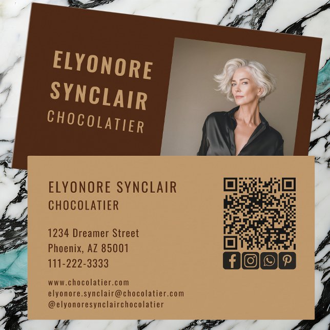Elegant Brown Chocolatier Personal Photo Social QR Business Card (Creator Uploaded)