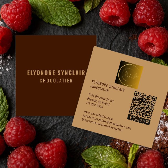 Elegant Brown Chocolatier Social Logo QR Code  Square Business Card (Creator Uploaded)