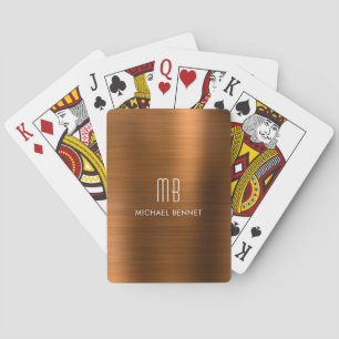 Elegant Brown Copper Brushed Metallic Monogram Playing Cards