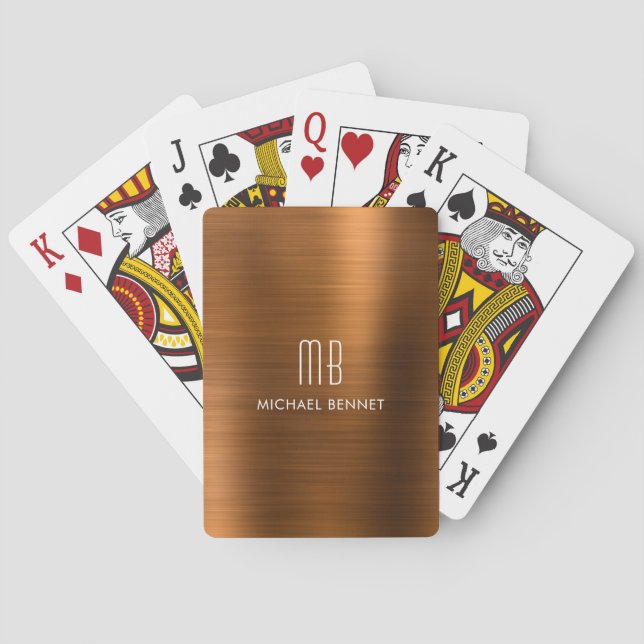 Elegant Brown Copper Brushed Metallic Monogram Playing Cards (Back)