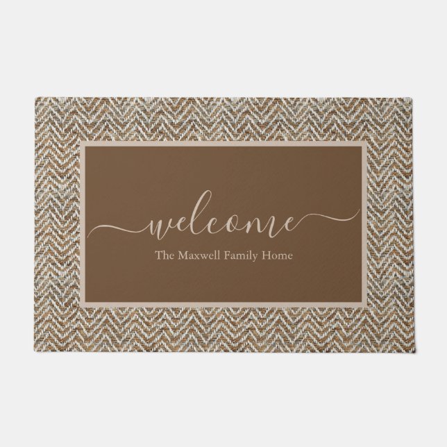 Elegant brown cream chevron script name doormat (Front)