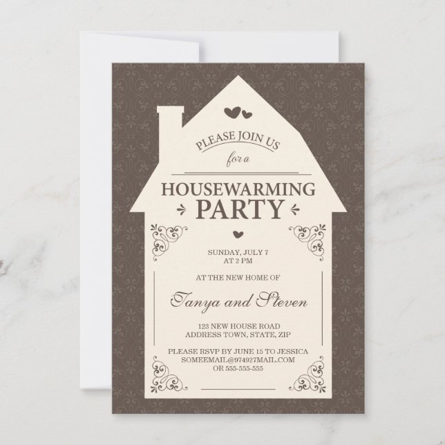 Elegant brown damask cream house housewarming invitation (Front)