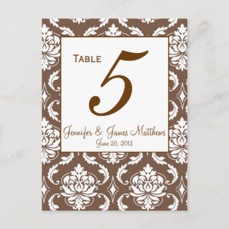 Elegant Brown Damask Wedding Table Number Postcard