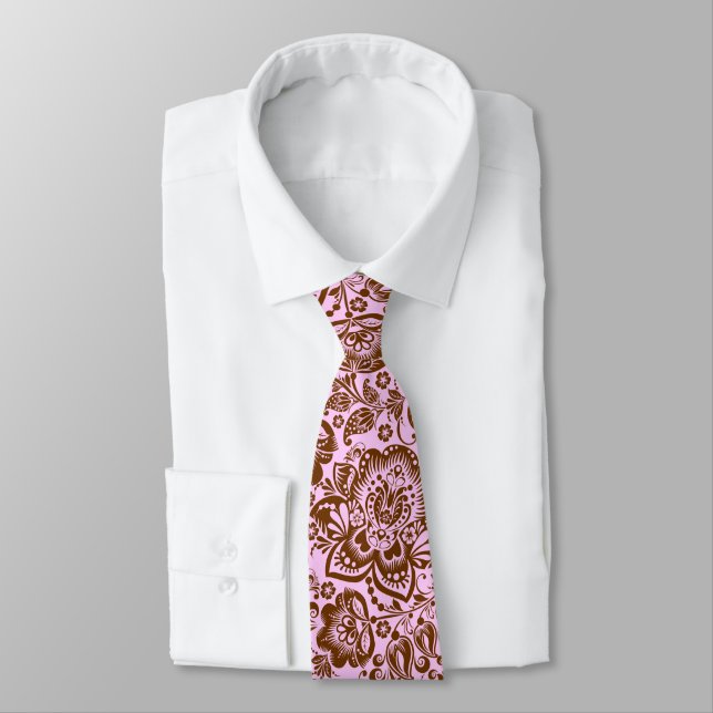 Elegant Brown Damasks & Pink Background Tie (Tied)