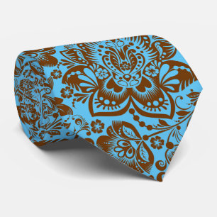 Elegant Brown Damasks & Sky Blue Background Tie