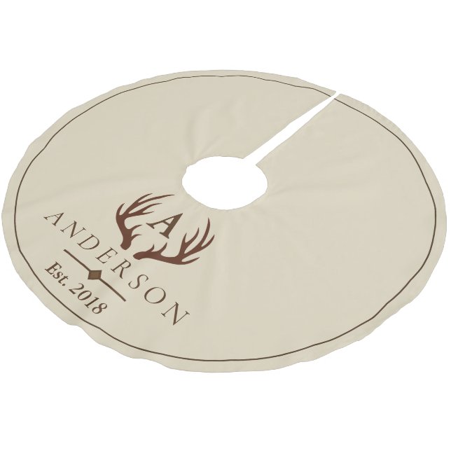 Elegant Brown Deer Antlers & Taupe | Personalised Brushed Polyester Tree Skirt (Angled)