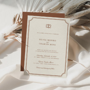 Elegant Brown & Ecru Classic Script Wedding Crest Invitation
