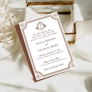 Elegant Brown & Ecru Crest Monogram Wedding Invitation