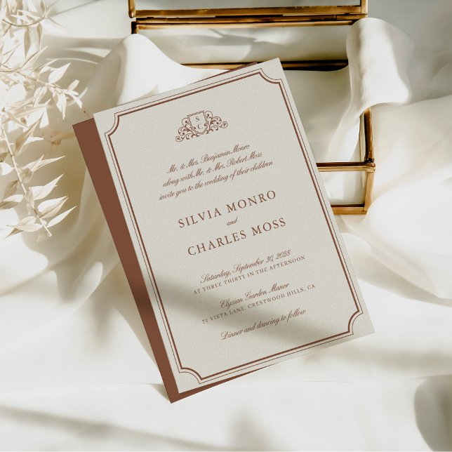 Elegant Brown & Ecru Crest Monogram Wedding Invitation (Elegant Brown & Ecru Crest Monogram Wedding Invitation)