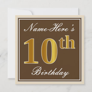 Elegant, Brown, Faux Gold 10th Birthday + Name Invitation