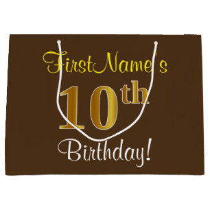 Elegant, Brown, Faux Gold 10th Birthday + Name Large Gift Bag