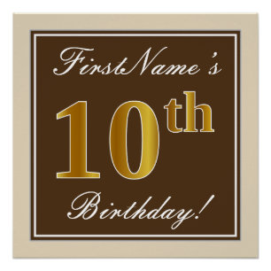 Elegant, Brown, Faux Gold 10th Birthday + Name Poster