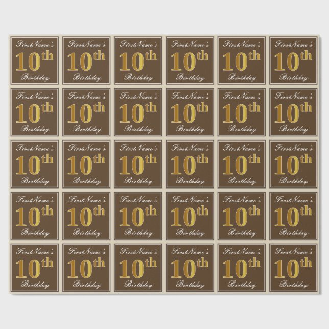 Elegant, Brown, Faux Gold 10th Birthday + Name Wrapping Paper (Flat)