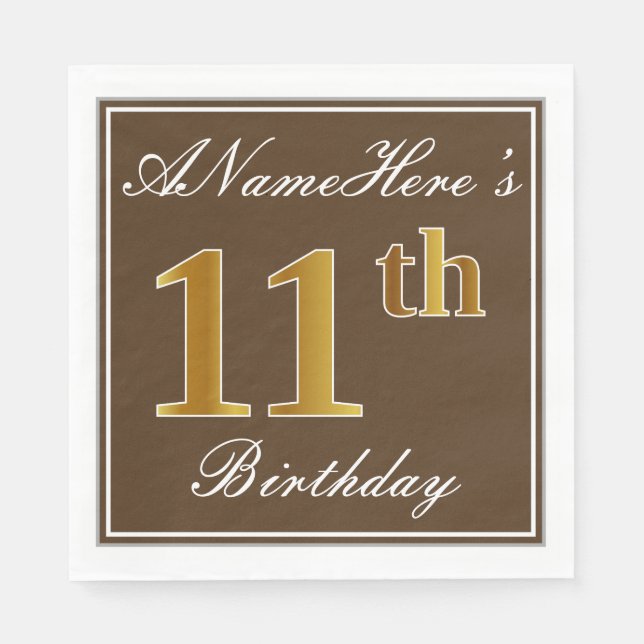 Elegant Brown, Faux Gold 11th Birthday + Name Napkin (Front)