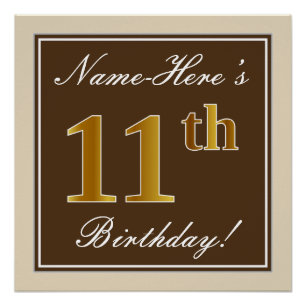 Elegant, Brown, Faux Gold 11th Birthday + Name Poster