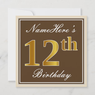 Elegant, Brown, Faux Gold 12th Birthday + Name Invitation