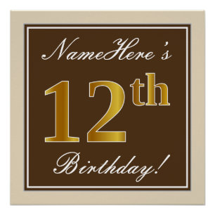 Elegant, Brown, Faux Gold 12th Birthday + Name Poster