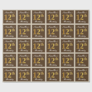 Elegant, Brown, Faux Gold 12th Birthday + Name Wrapping Paper