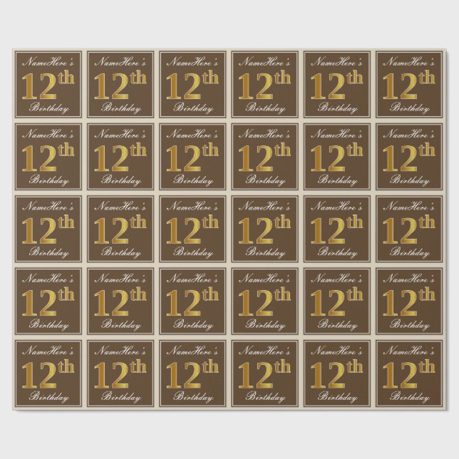 Elegant, Brown, Faux Gold 12th Birthday + Name Wrapping Paper (Flat)
