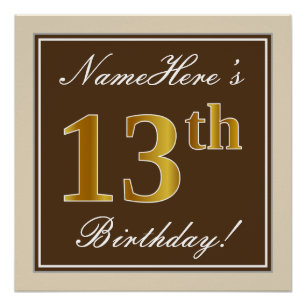 Elegant, Brown, Faux Gold 13th Birthday + Name Poster