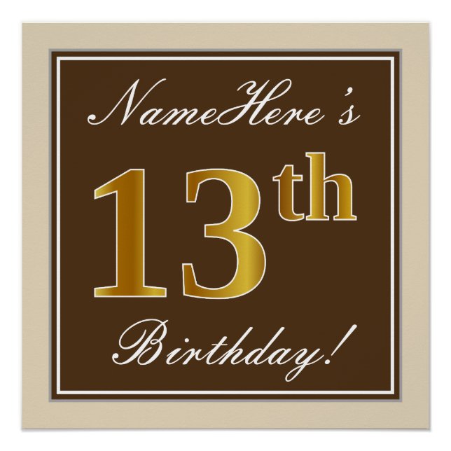 Elegant, Brown, Faux Gold 13th Birthday + Name Poster (Front)