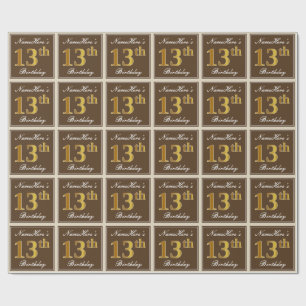 Elegant, Brown, Faux Gold 13th Birthday + Name Wrapping Paper