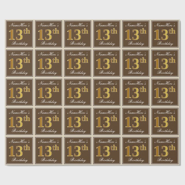Elegant, Brown, Faux Gold 13th Birthday + Name Wrapping Paper (Flat)