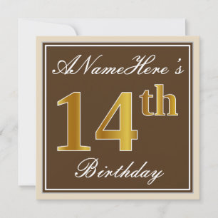 Elegant, Brown, Faux Gold 14th Birthday + Name Invitation