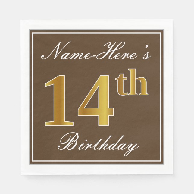 Elegant Brown, Faux Gold 14th Birthday + Name Napkin (Front)
