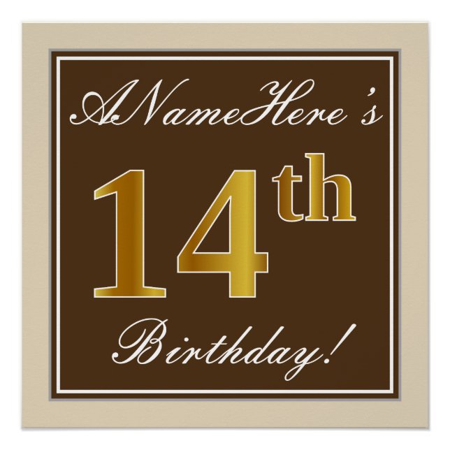 Elegant, Brown, Faux Gold 14th Birthday + Name Poster (Front)