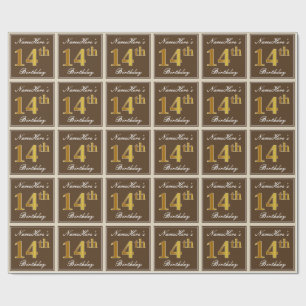 Elegant, Brown, Faux Gold 14th Birthday + Name Wrapping Paper