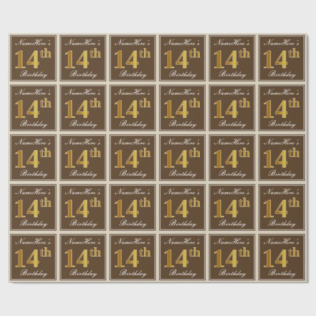 Elegant, Brown, Faux Gold 14th Birthday + Name Wrapping Paper (Flat)
