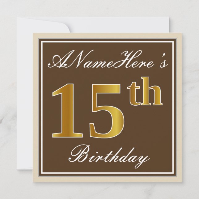 Elegant, Brown, Faux Gold 15th Birthday + Name Invitation (Front)