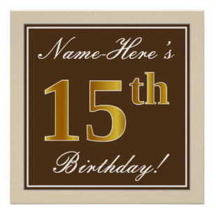 Elegant, Brown, Faux Gold 15th Birthday + Name Poster