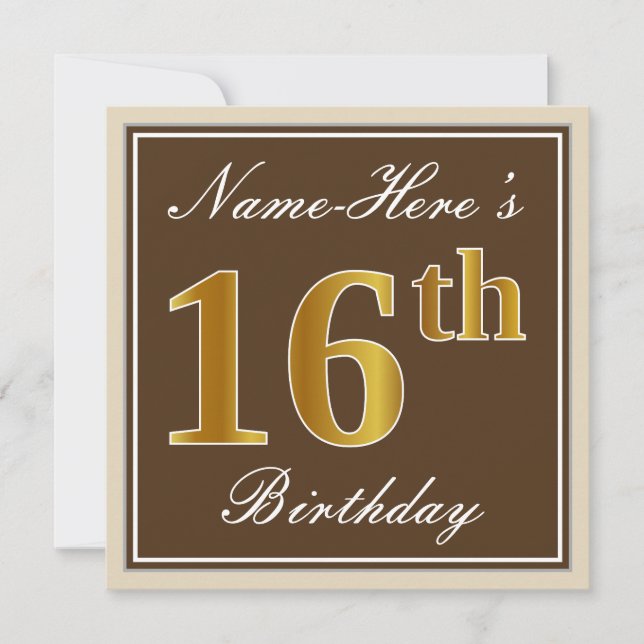 Elegant, Brown, Faux Gold 16th Birthday + Name Invitation (Front)