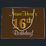 Elegant, Brown, Faux Gold 16th Birthday   Name Large Gift Bag<br><div class="desc">This simple, elegant birthday gift bag design features a personalised message like "NameHere’s 16th Birthday!" (with the "16th" having a faux/imitation gold-like colouring look) on a brown coloured background. The name is in script-like, yellow-coloured text, and can be personalised. A personalised birthday gift bag like this could perhaps be used...</div>