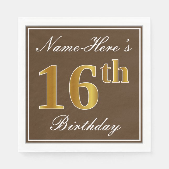 Elegant Brown, Faux Gold 16th Birthday + Name Napkin (Front)