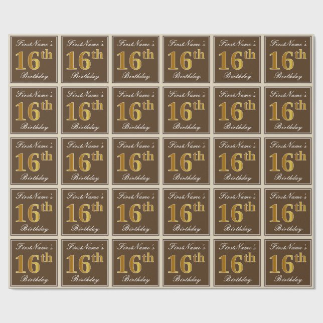 Elegant, Brown, Faux Gold 16th Birthday + Name Wrapping Paper (Flat)
