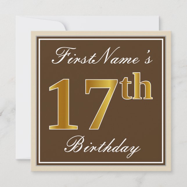 Elegant, Brown, Faux Gold 17th Birthday + Name Invitation (Front)