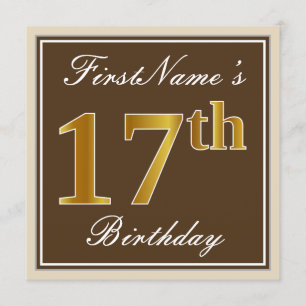 Elegant, Brown, Faux Gold 17th Birthday + Name Invitation