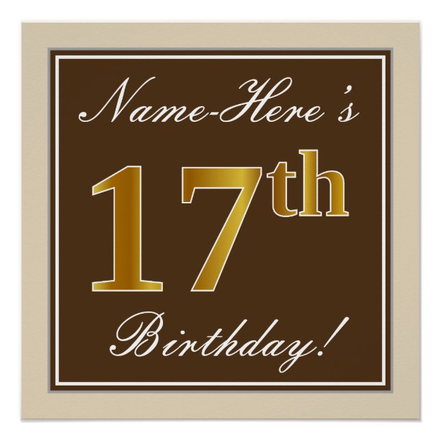Elegant, Brown, Faux Gold 17th Birthday + Name Poster (Front)
