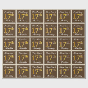 Elegant, Brown, Faux Gold 17th Birthday + Name Wrapping Paper