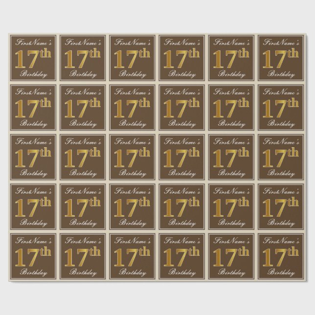 Elegant, Brown, Faux Gold 17th Birthday + Name Wrapping Paper (Flat)