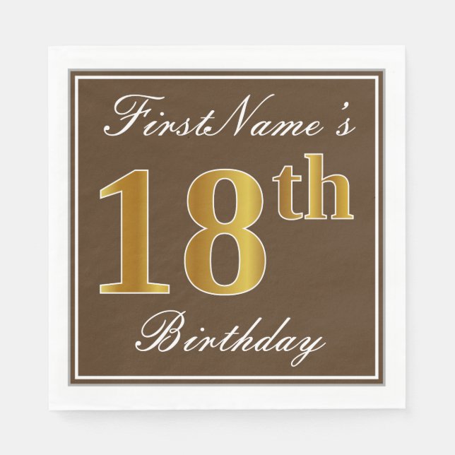 Elegant Brown, Faux Gold 18th Birthday + Name Napkin (Front)
