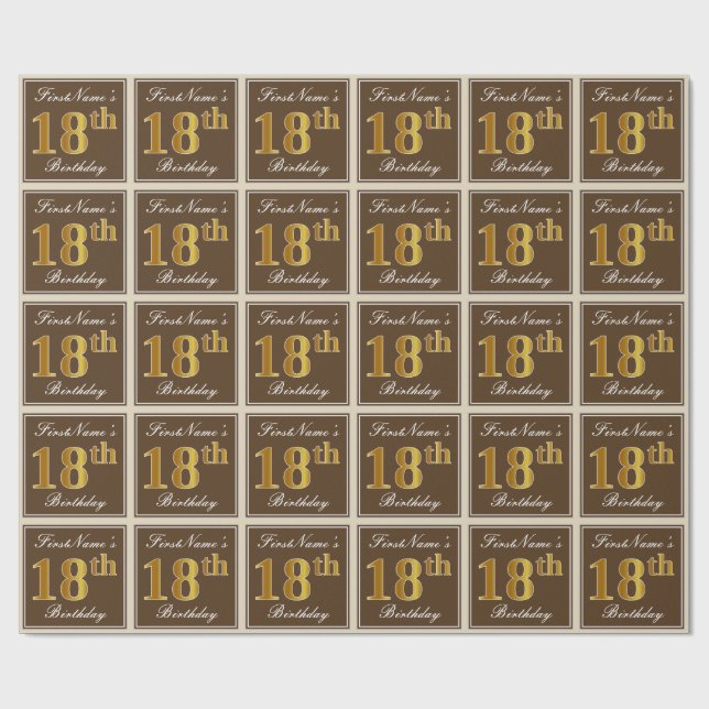 Elegant, Brown, Faux Gold 18th Birthday + Name Wrapping Paper (Flat)