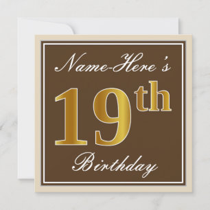 Elegant, Brown, Faux Gold 19th Birthday + Name Invitation